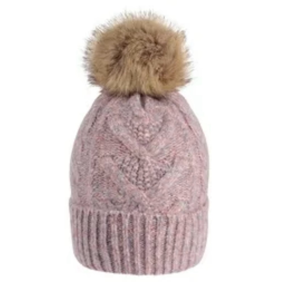 Women’s Purple Heathered Cable Knit Pom Pom Winter Hat OS One Size